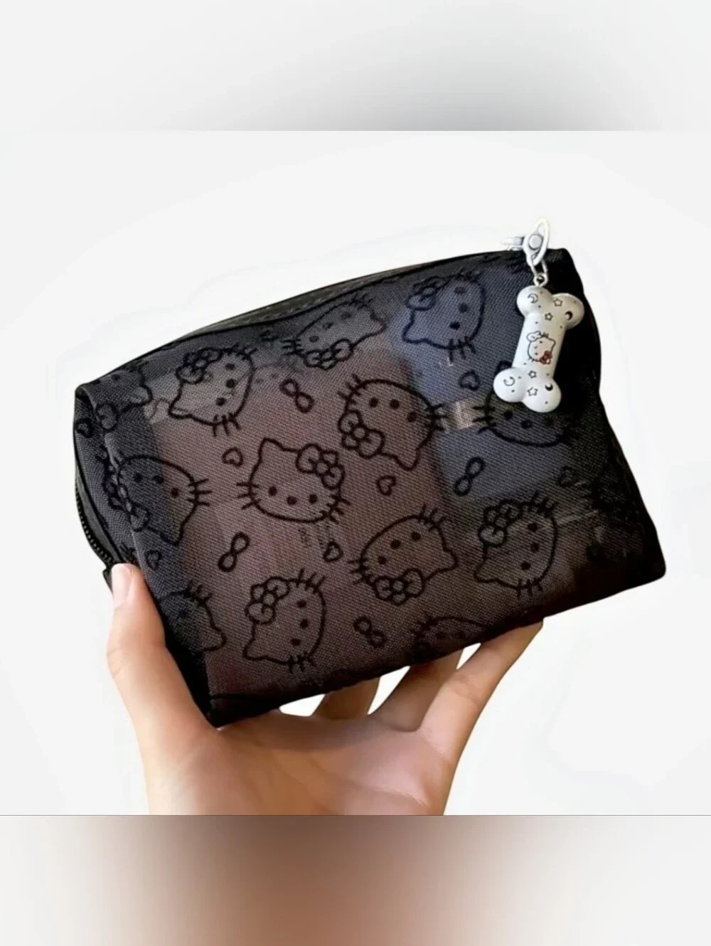 Hello Kitty Black Mesh Makeup/ Cosmetic Bag with Hello Kitty Bone Charm NEW